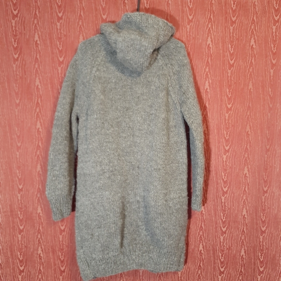 PURE 100% WOOL/KARPAS KNITTED HOODED BUTTON DOWN SWEATER CARDIGAN GRAY WOMEN'S - Picture 3 of 14